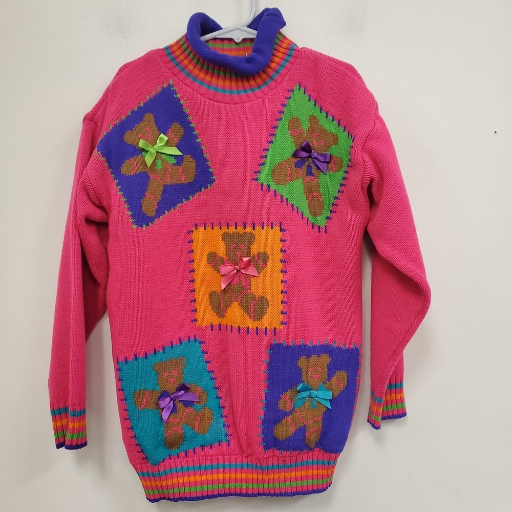 Vintage Jet Set Kids Multicolor Teddy Bear‎ Sweater Size S Rainbow Kidcore Bow